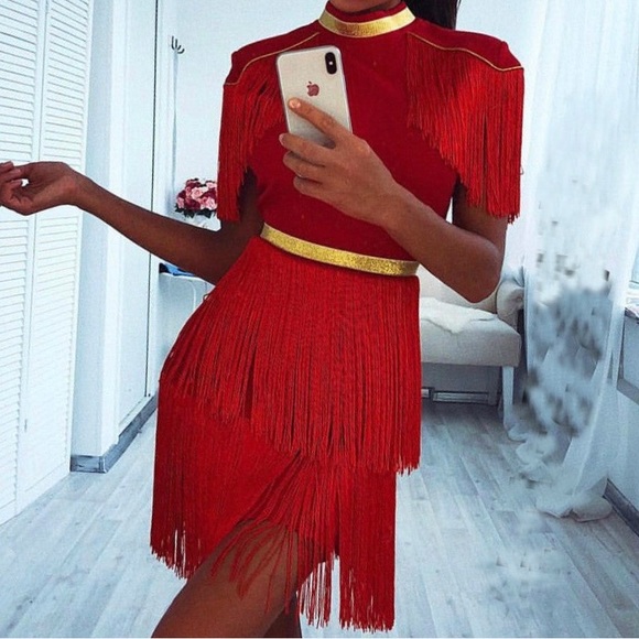 Red Round Neck Short Sleeve Tassels Bandage Dress - Picture 2 of 2